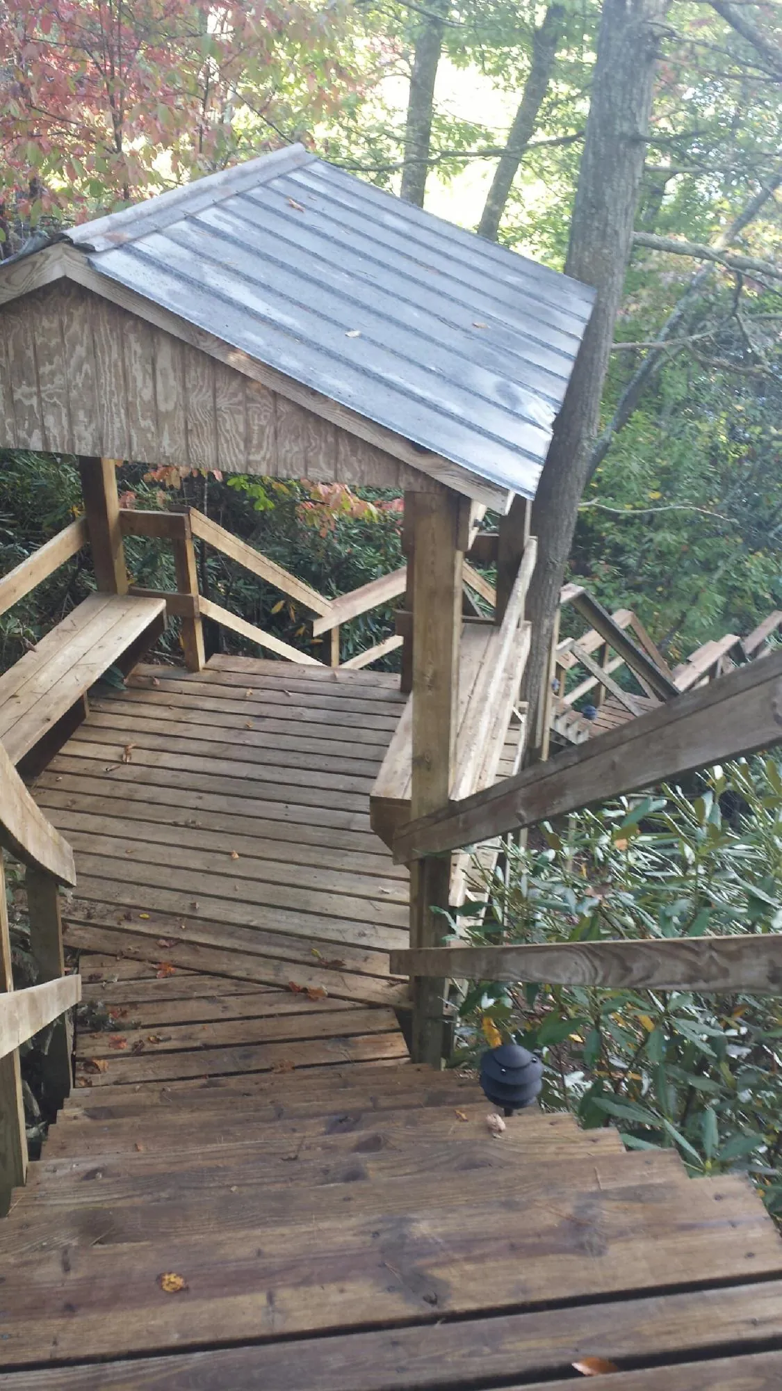 Metal roofed shelter over wooden steps on a wooded walkway — Skylight Repair & Installation work by our crew in Mossville
